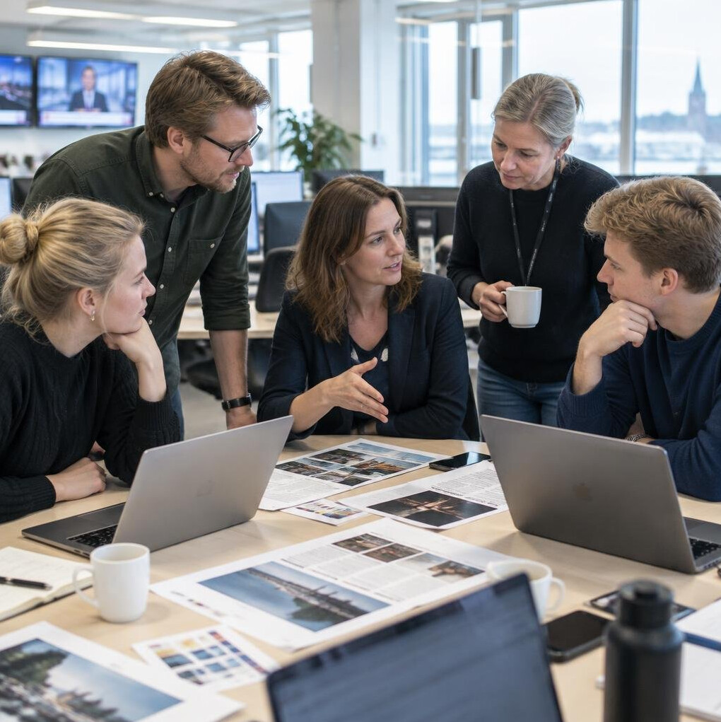 Small editorial team of Scandinavian journalists working together in a newsroom